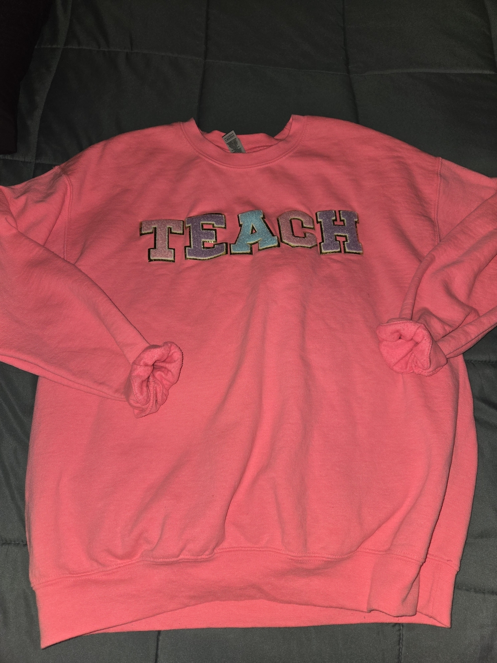 Gildan Coral Crewneck with Colorful 'TEACH' Applique